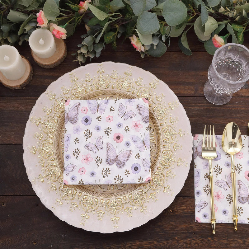 20 pcs 13" x 13" Butterfly Paper Beverage Napkins -Lavender and Ivory NAP_BEV08_LAV