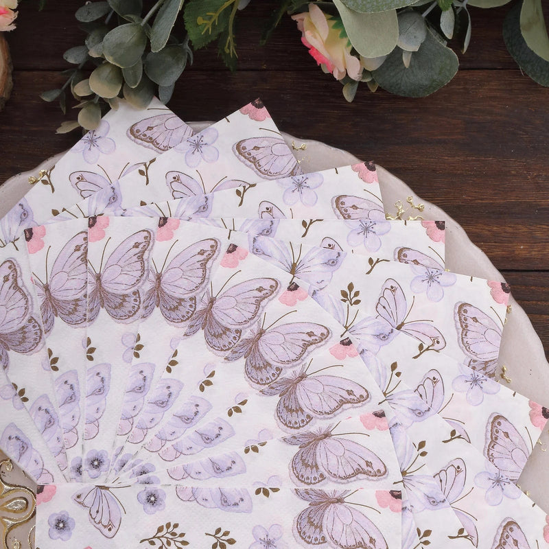 20 pcs 13" x 13" Butterfly Paper Beverage Napkins -Lavender and Ivory NAP_BEV08_LAV