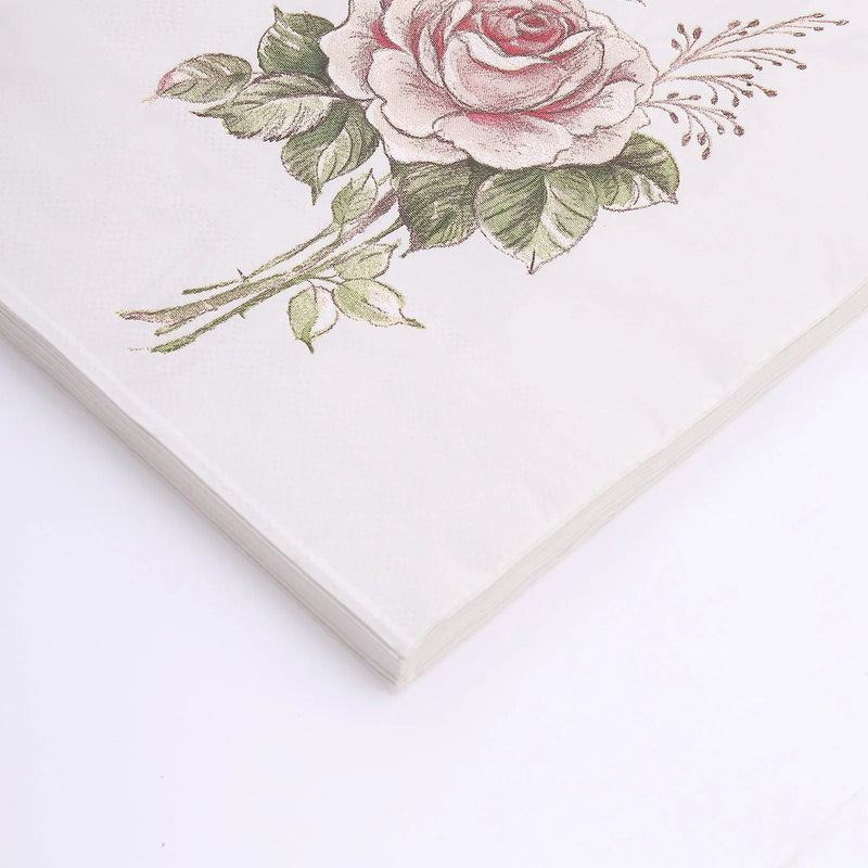 20 pcs 13" x 13" Vintage Rose Paper Beverage Napkins - Pink and Ivory NAP_BEV08_IVR