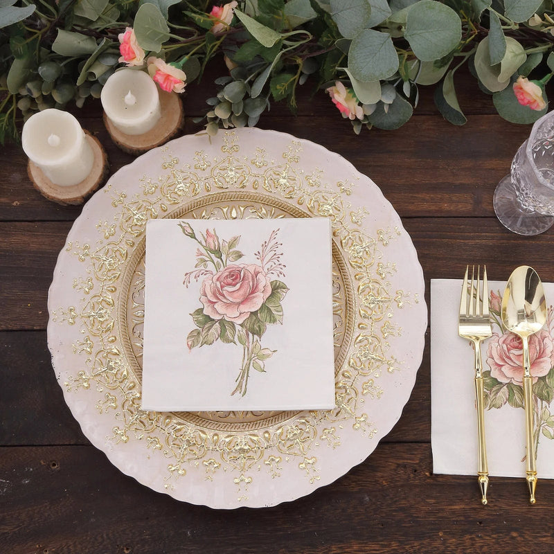 20 pcs 13" x 13" Vintage Rose Paper Beverage Napkins - Pink and Ivory NAP_BEV08_IVR