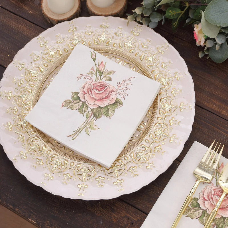 20 pcs 13" x 13" Vintage Rose Paper Beverage Napkins - Pink and Ivory NAP_BEV08_IVR