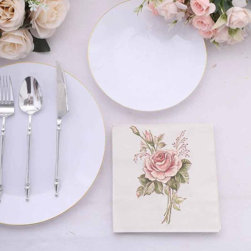 20 pcs 13" x 13" Vintage Rose Paper Beverage Napkins - Pink and Ivory NAP_BEV08_IVR