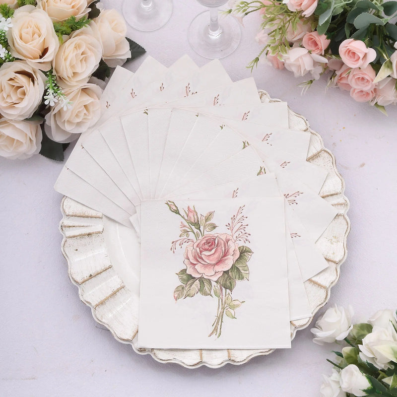 20 pcs 13" x 13" Vintage Rose Paper Beverage Napkins - Pink and Ivory NAP_BEV08_IVR