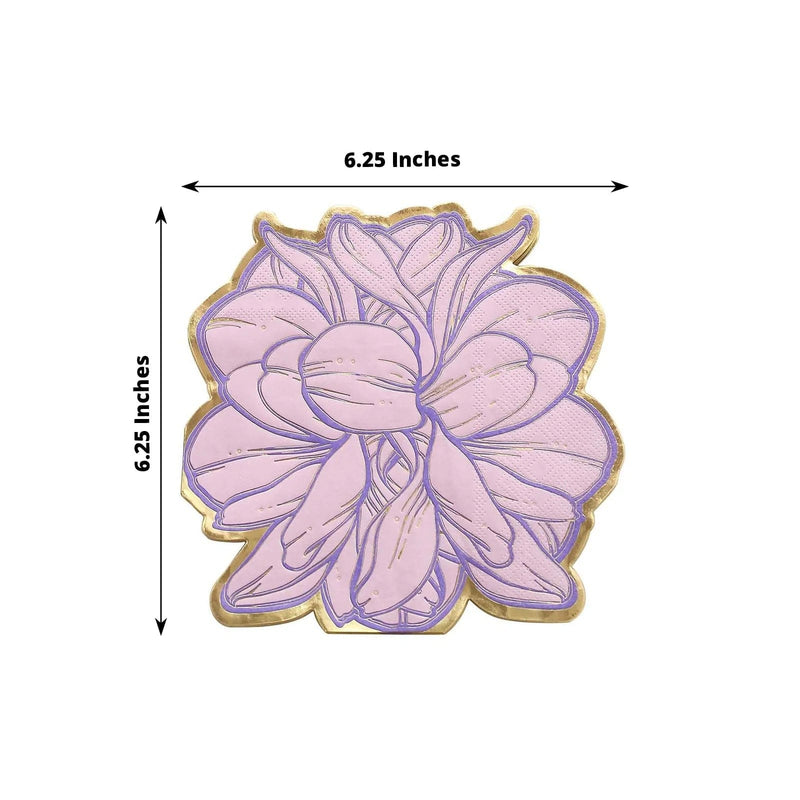 20 Peony Flower Shaped Paper Beverage Napkins with Edges - Purple and Gold NAP_BEV04_PEO