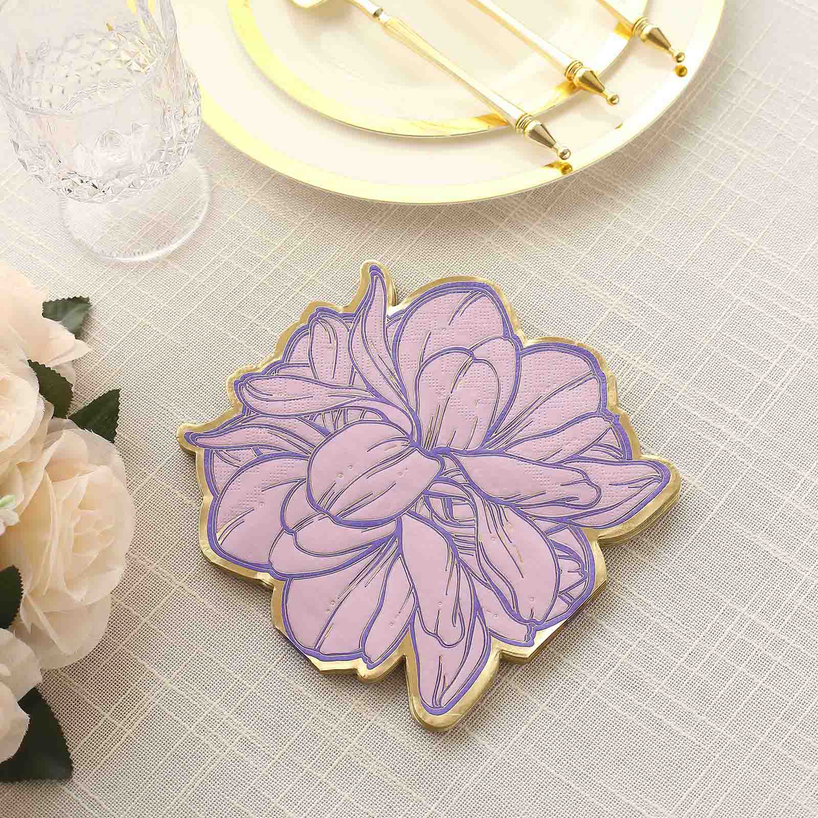 20 Peony Flower Shaped Paper Beverage Napkins with Edges - Purple and Gold NAP_BEV04_PEO
