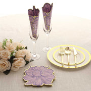 20 Peony Flower Shaped Paper Beverage Napkins with Edges - Purple and Gold NAP_BEV04_PEO