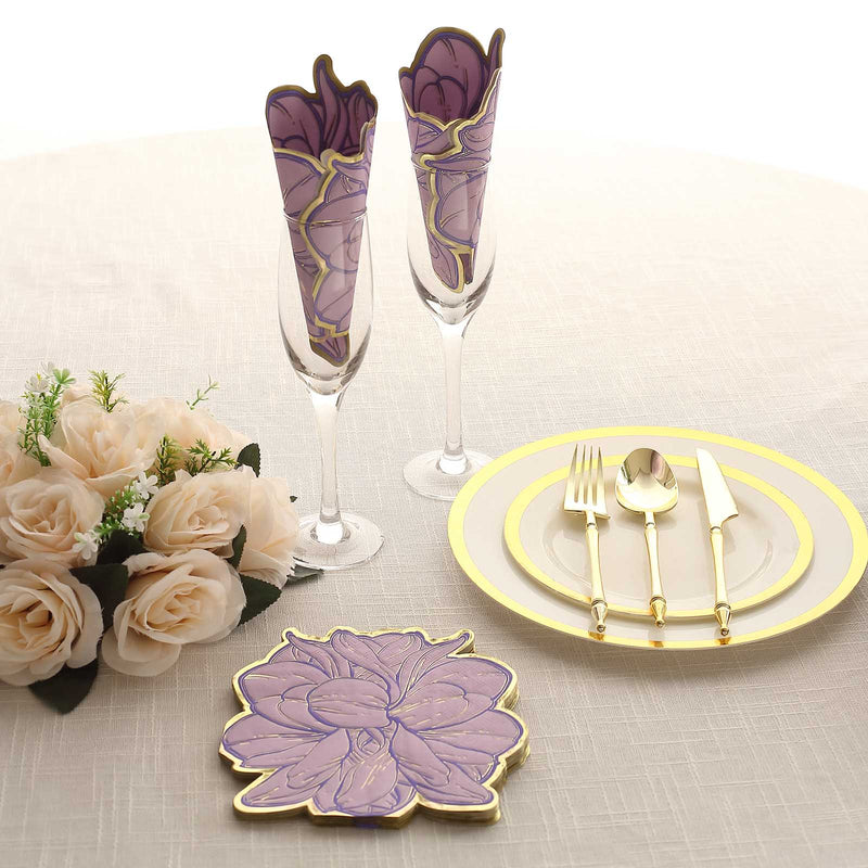 20 Peony Flower Shaped Paper Beverage Napkins with Edges - Purple and Gold NAP_BEV04_PEO