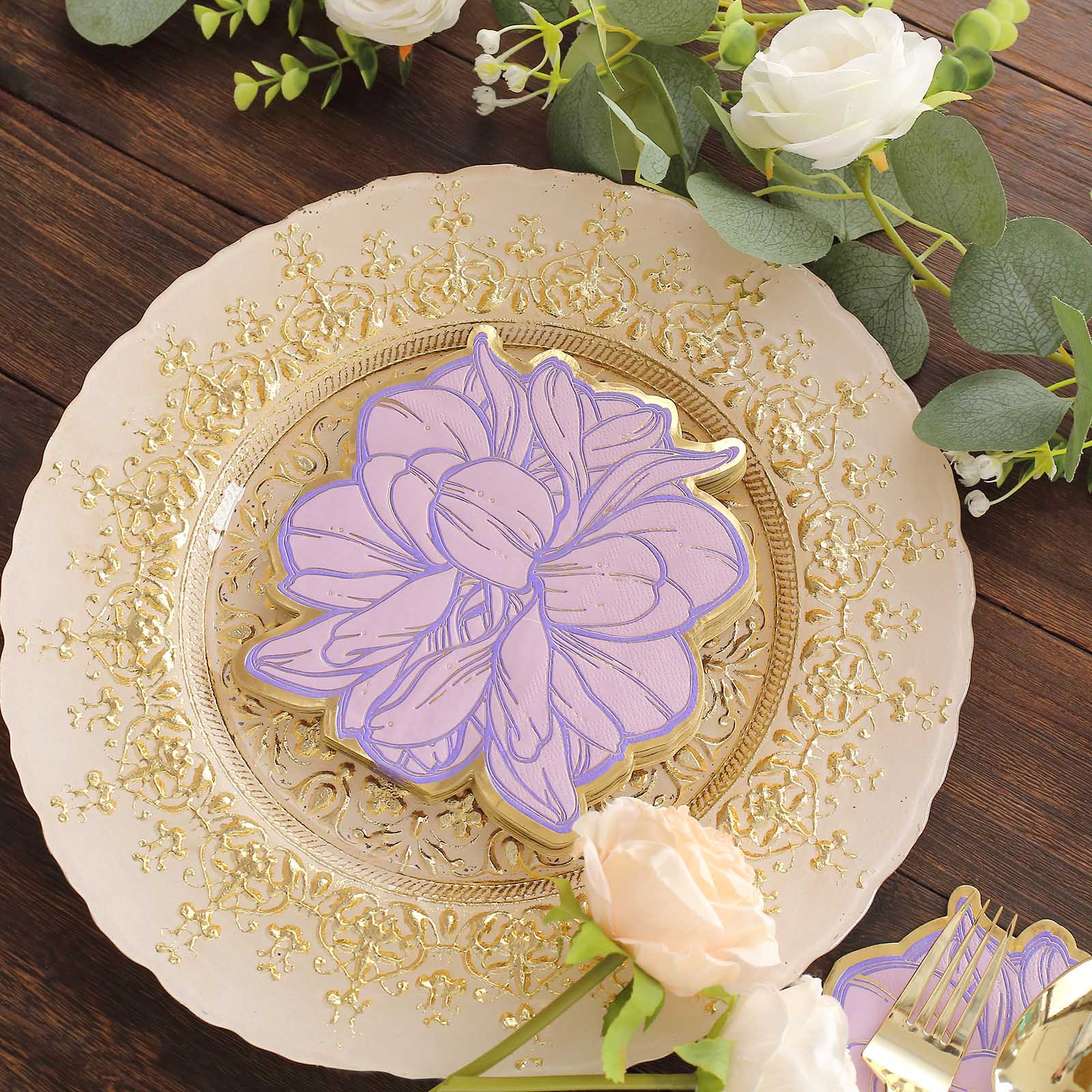 20 Peony Flower Shaped Paper Beverage Napkins with Edges - Purple and Gold NAP_BEV04_PEO