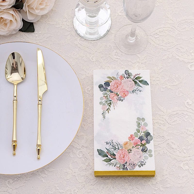 20 Peony Flowers Print Paper Dinner Napkins with Gold Edge - White and Pink NAP_DIN24_GOLD