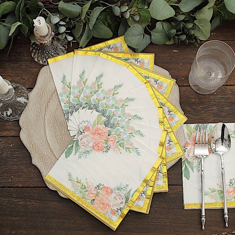 20 Pink Floral Design 13" x 13" Dinner Paper Napkins - White and Gold NAP_BEV24_GOLD