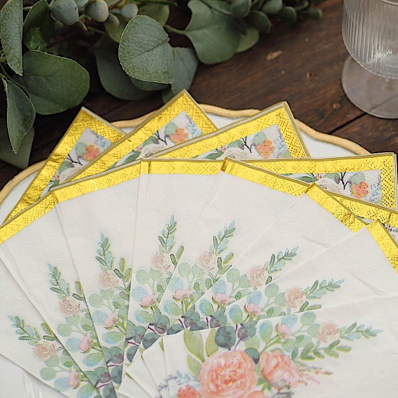 20 Pink Floral Design 13" x 13" Dinner Paper Napkins - White and Gold NAP_BEV24_GOLD