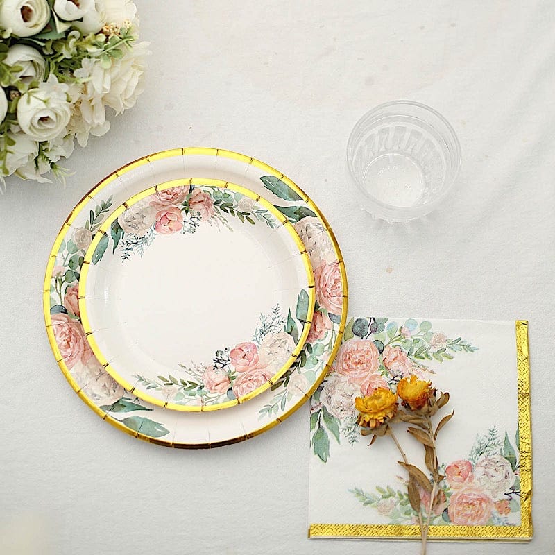 20 Pink Floral Design 13" x 13" Dinner Paper Napkins - White and Gold NAP_BEV24_GOLD