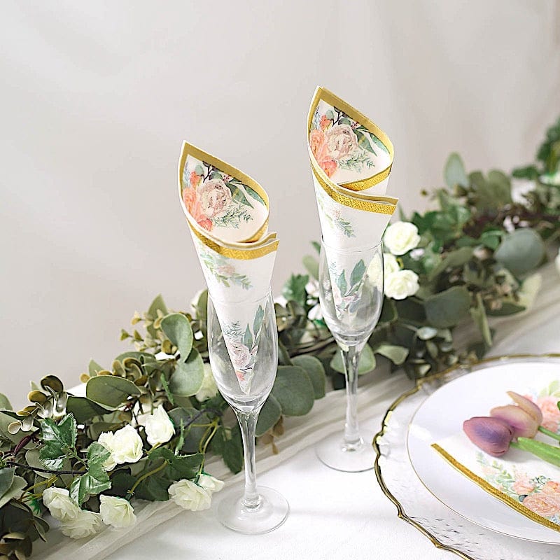 20 Pink Floral Design 13" x 13" Dinner Paper Napkins - White and Gold NAP_BEV24_GOLD