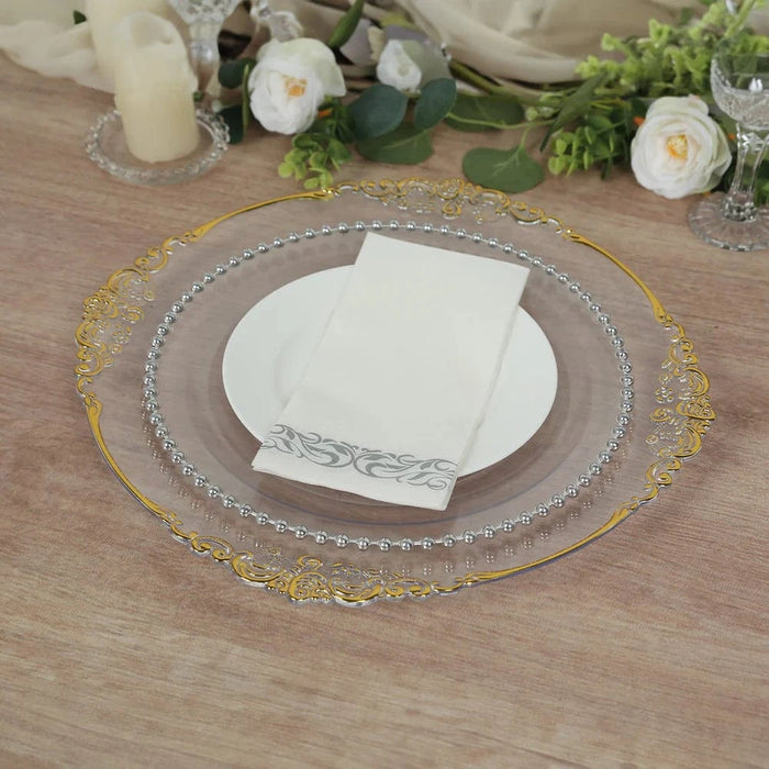 20 Round 13" Plastic Charger Plates with Embossed Baroque Rim - Clear and Gold CHRG_PLSTLW1310_CLGD