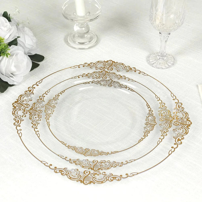 20 Round 13" Plastic Charger Plates with Embossed Baroque Rim - Clear and Gold CHRG_PLSTLW1310_CLGD