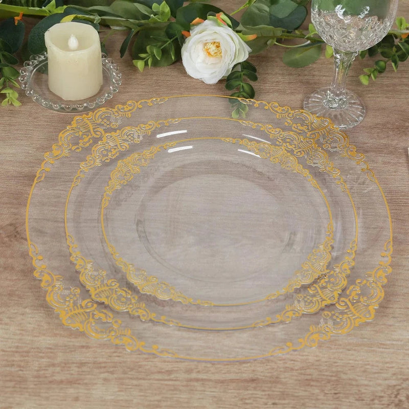 20 Round 13" Plastic Charger Plates with Embossed Baroque Rim - Clear and Gold CHRG_PLSTLW1310_CLGD
