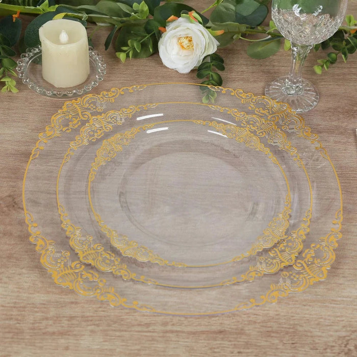 20 Round 13" Plastic Charger Plates with Embossed Baroque Rim - Clear and Gold CHRG_PLSTLW1310_CLGD
