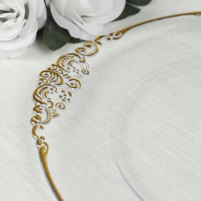 20 Round 13" Plastic Charger Plates with Embossed Baroque Rim - Clear and Gold CHRG_PLSTLW1310_CLGD