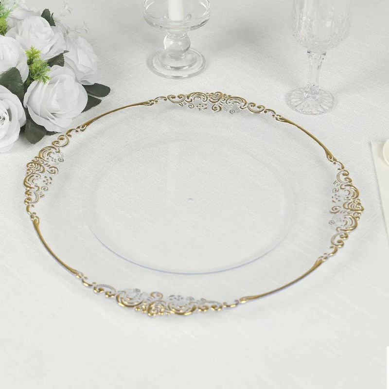 20 Round 13" Plastic Charger Plates with Embossed Baroque Rim - Clear and Gold CHRG_PLSTLW1310_CLGD
