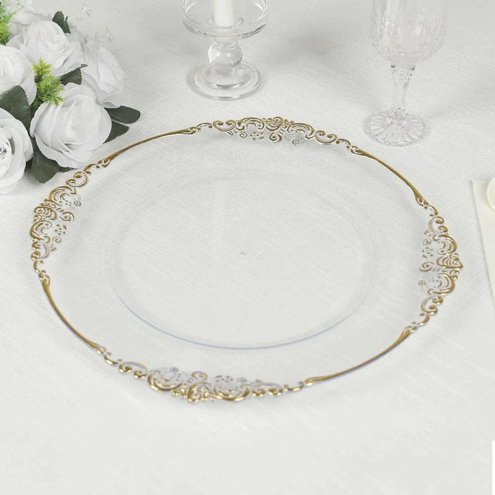 20 Round 13" Plastic Charger Plates with Embossed Baroque Rim - Clear and Gold CHRG_PLSTLW1310_CLGD