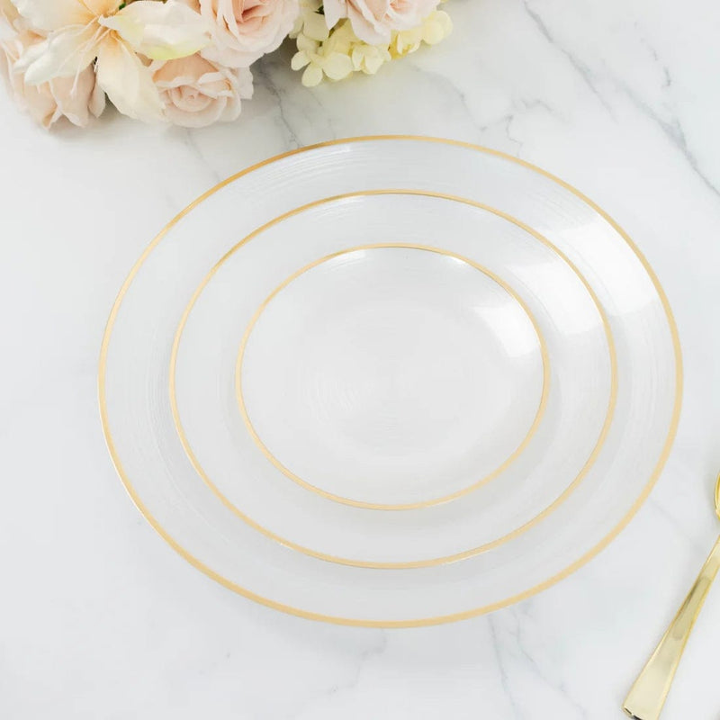 20 Round 13" Transparent Plastic Charger Plates Swirl Design with Gold Rim