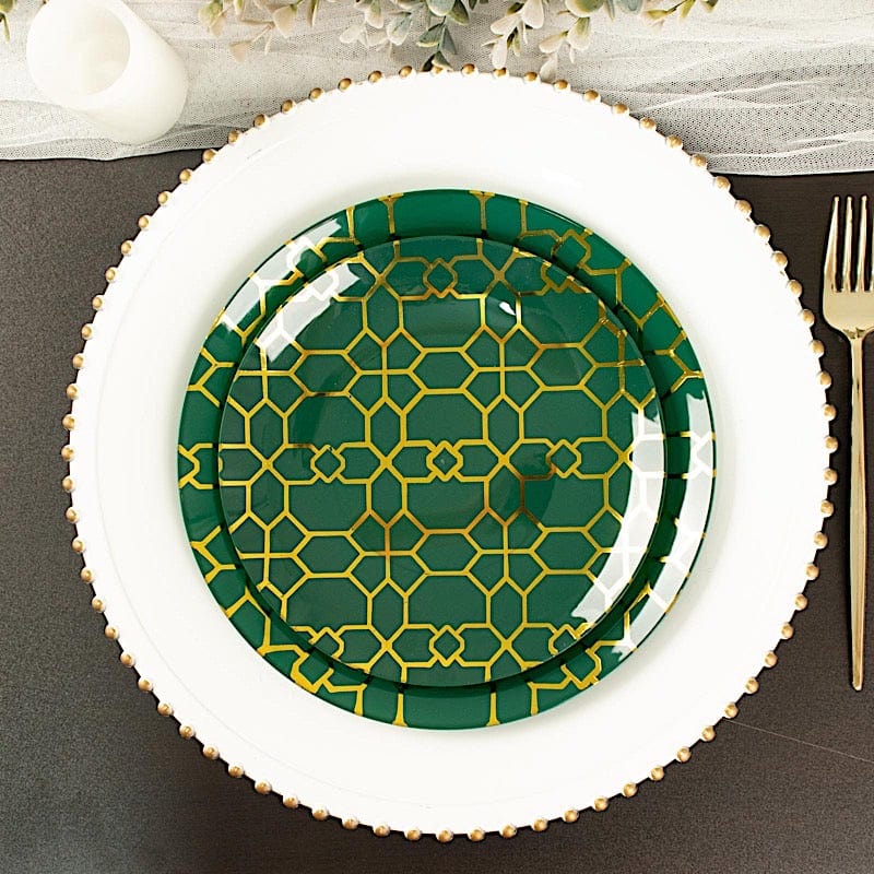 20 Round Plastic Salad and Dinner Plates with Gold Geometric Design - Disposable Tableware