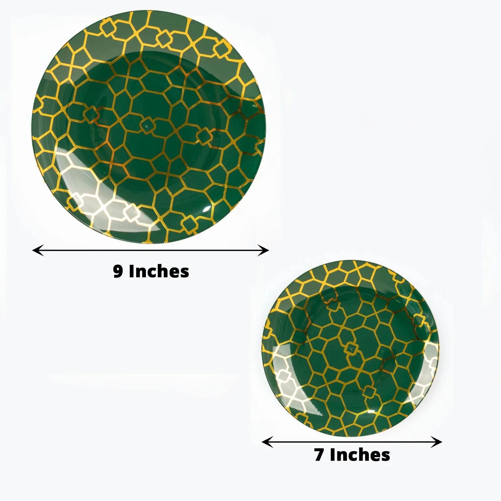 20 Round Plastic Salad and Dinner Plates with Gold Geometric Design - Disposable Tableware