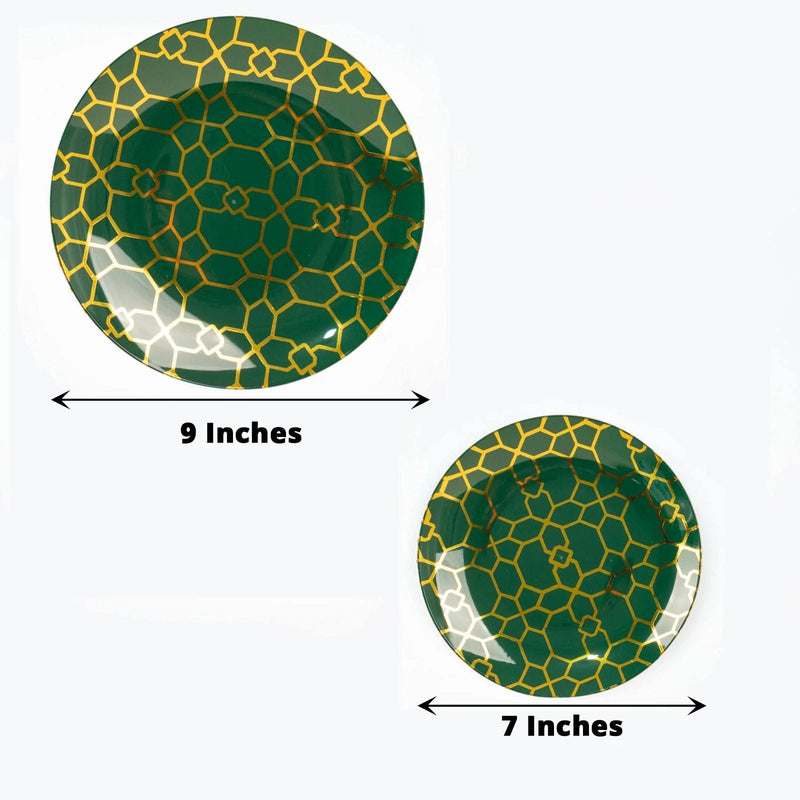 20 Round Plastic Salad and Dinner Plates with Gold Geometric Design - Disposable Tableware