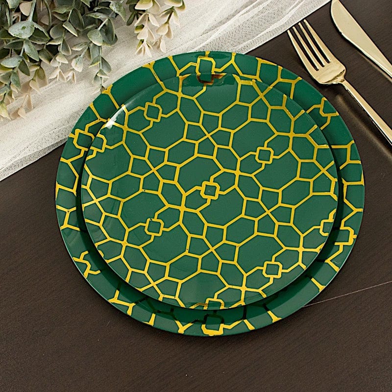 20 Round Plastic Salad and Dinner Plates with Gold Geometric Design - Disposable Tableware