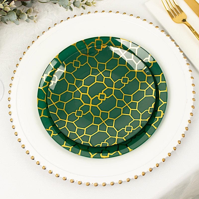 20 Round Plastic Salad and Dinner Plates with Gold Geometric Design - Disposable Tableware