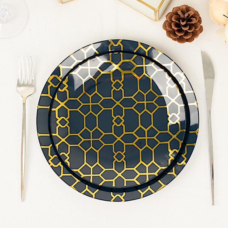 20 Round Plastic Salad and Dinner Plates with Gold Geometric Design - Disposable Tableware