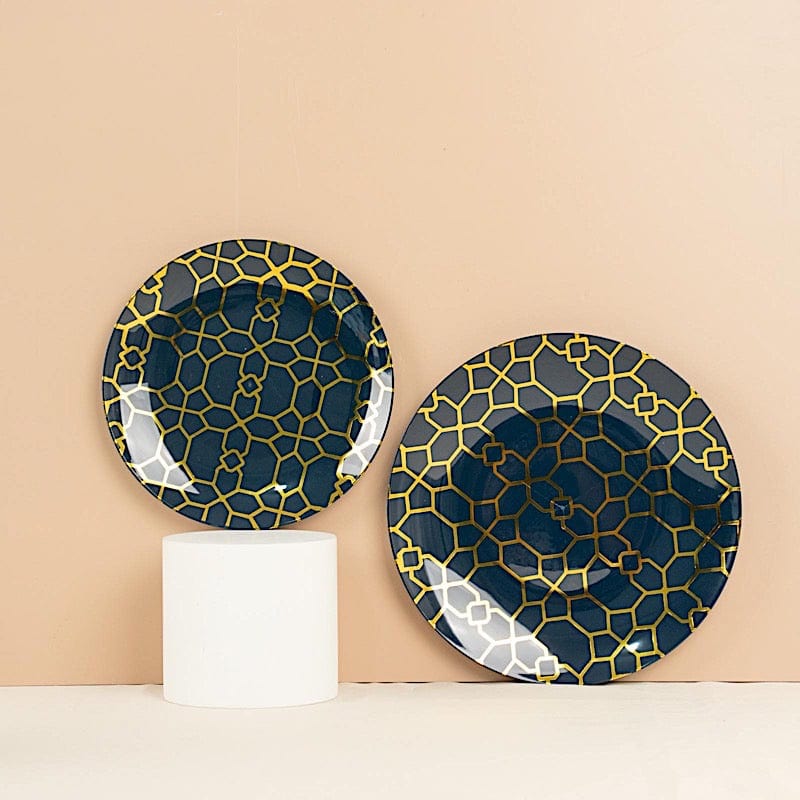 20 Round Plastic Salad and Dinner Plates with Gold Geometric Design - Disposable Tableware
