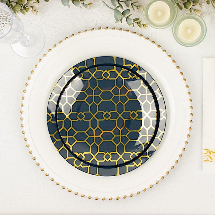 20 Round Plastic Salad and Dinner Plates with Gold Geometric Design - Disposable Tableware