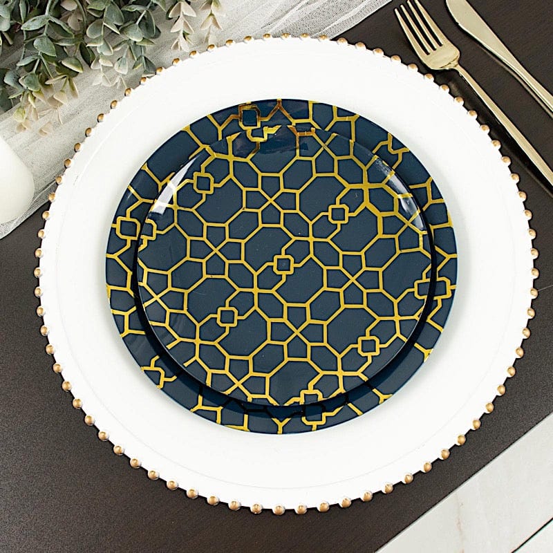 20 Round Plastic Salad and Dinner Plates with Gold Geometric Design - Disposable Tableware