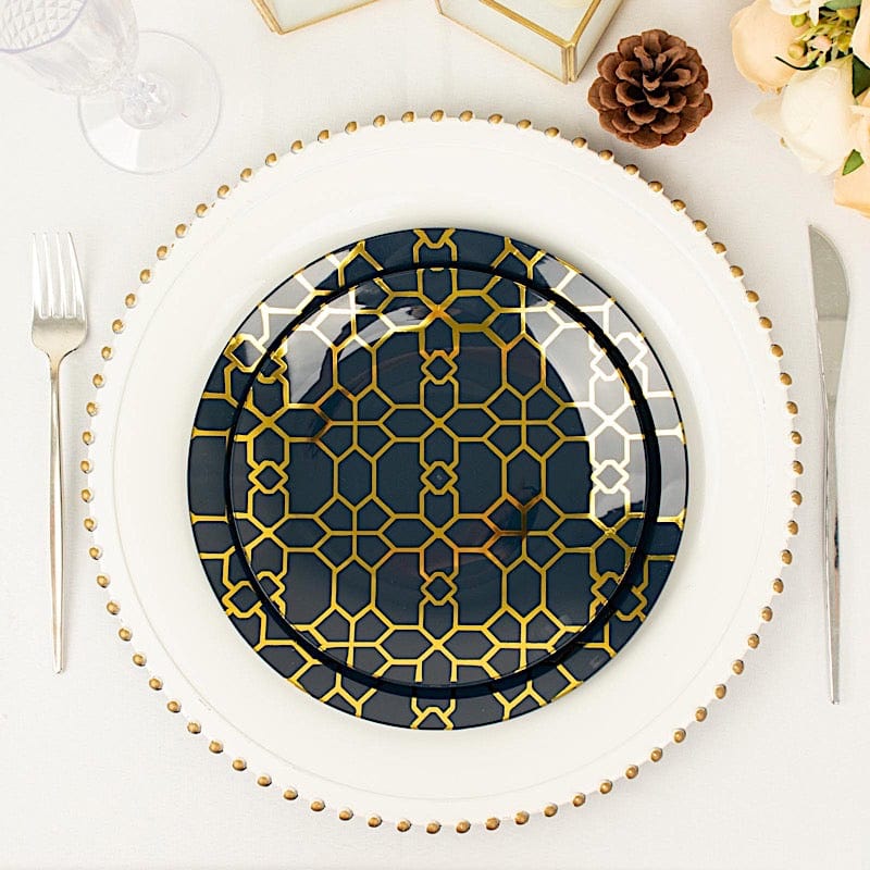 20 Round Plastic Salad and Dinner Plates with Gold Geometric Design - Disposable Tableware