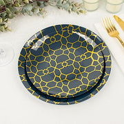 20 Round Plastic Salad and Dinner Plates with Gold Geometric Design - Disposable Tableware