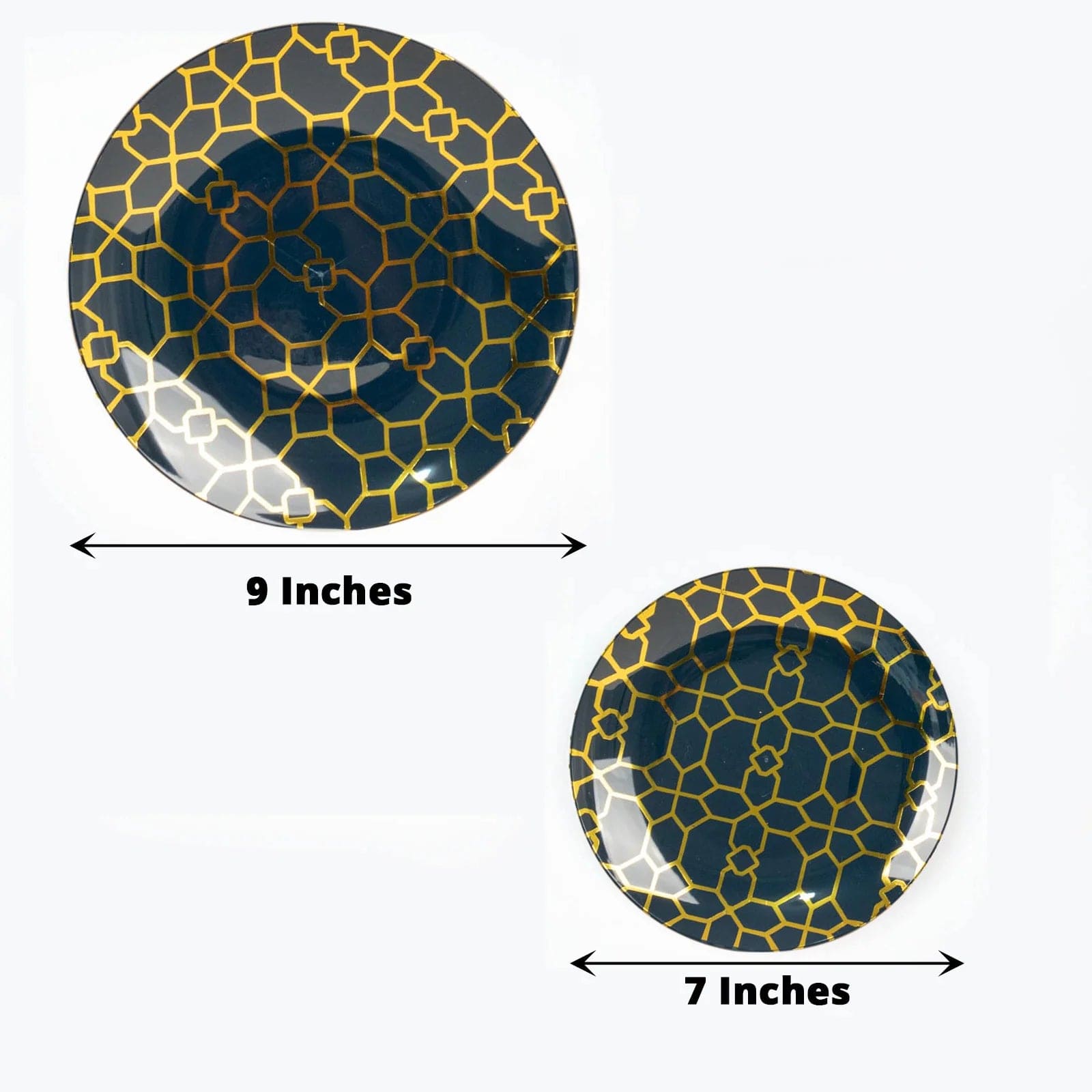 20 Round Plastic Salad and Dinner Plates with Gold Geometric Design - Disposable Tableware