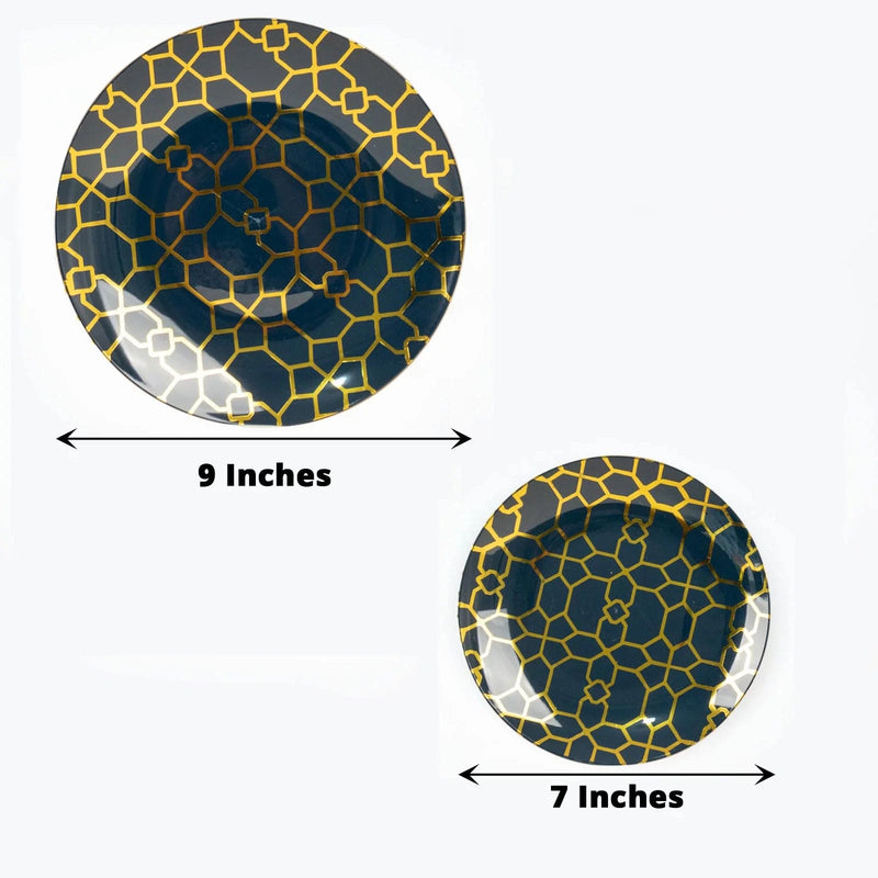 20 Round Plastic Salad and Dinner Plates with Gold Geometric Design - Disposable Tableware