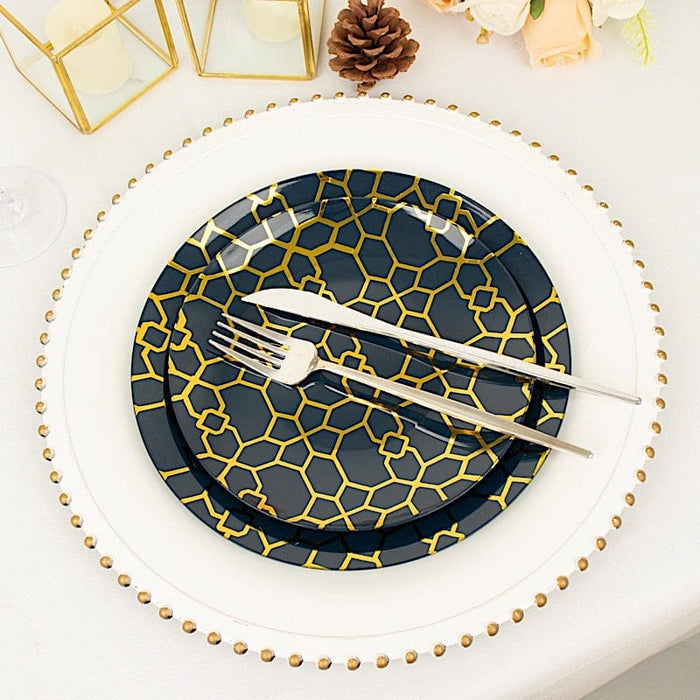 20 Round Plastic Salad and Dinner Plates with Gold Geometric Design - Disposable Tableware