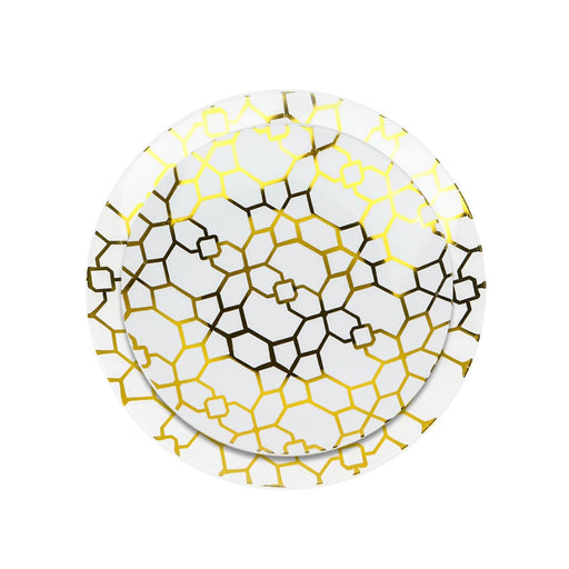 20 Round Plastic Salad and Dinner Plates with Gold Geometric Design - Disposable Tableware DSP_PLR0015_SET_WHCL