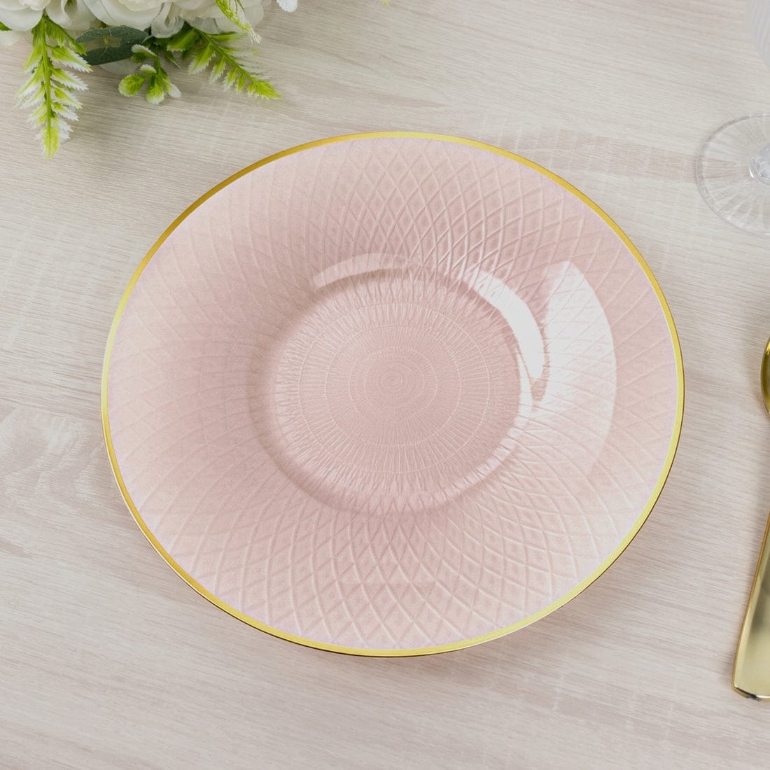 20 Round Plastic Salad Dinner Plates with Diamond Cut Pattern and Gold Rim