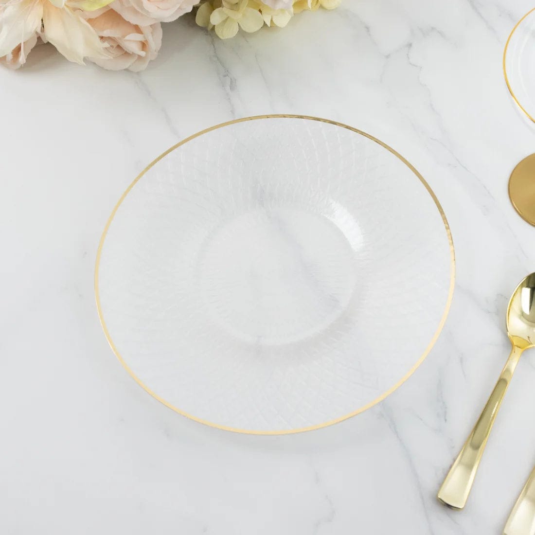 20 Round Plastic Salad Dinner Plates with Diamond Cut Pattern and Gold Rim