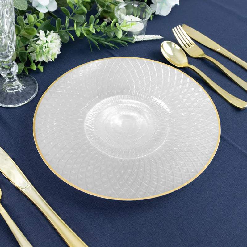 20 Round Plastic Salad Dinner Plates with Diamond Cut Pattern and Gold Rim