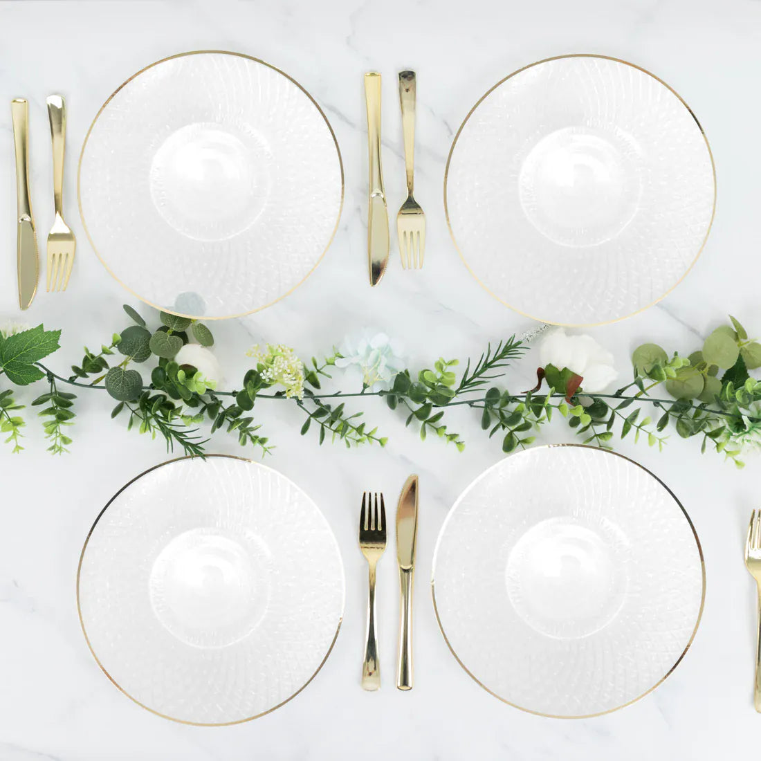 20 Round Plastic Salad Dinner Plates with Diamond Cut Pattern and Gold Rim