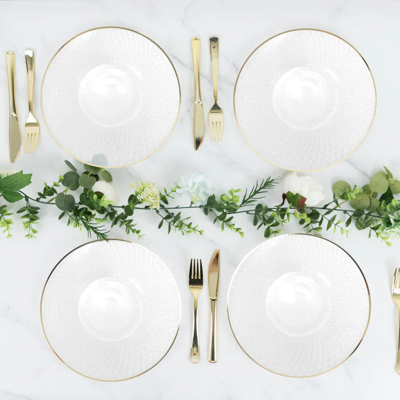 20 Round Plastic Salad Dinner Plates with Diamond Cut Pattern and Gold Rim