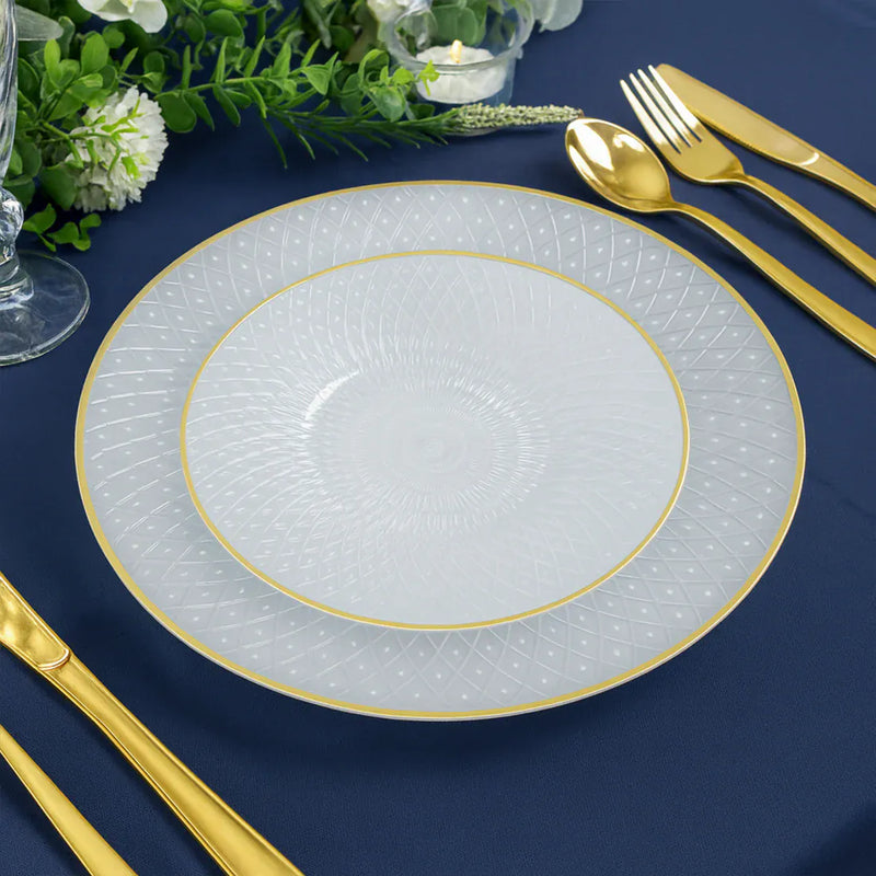 20 Round Plastic Salad Dinner Plates with Diamond Cut Pattern and Gold Rim