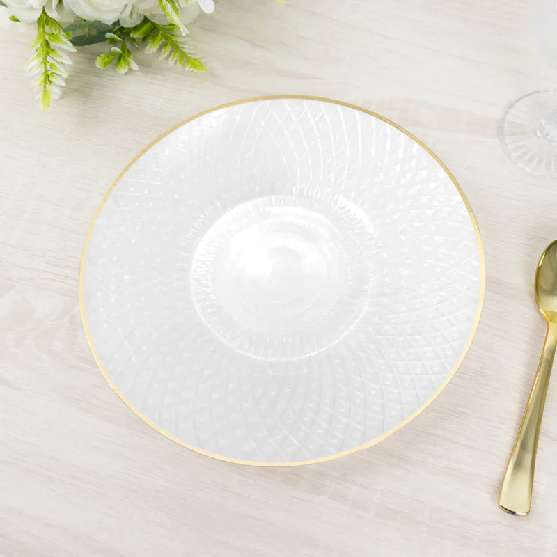 20 Round Plastic Salad Dinner Plates with Diamond Cut Pattern and Gold Rim