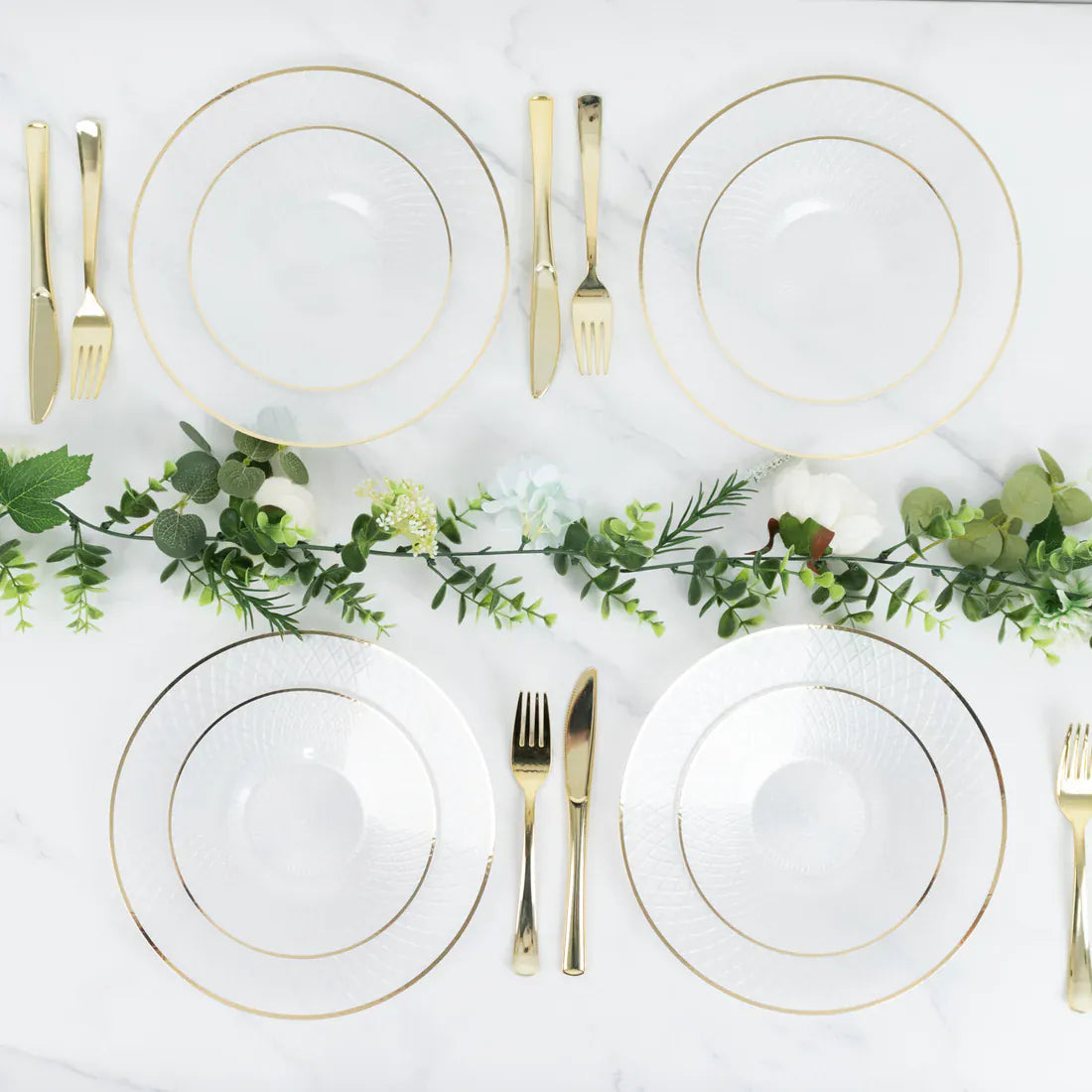 20 Round Plastic Salad Dinner Plates with Diamond Cut Pattern and Gold Rim