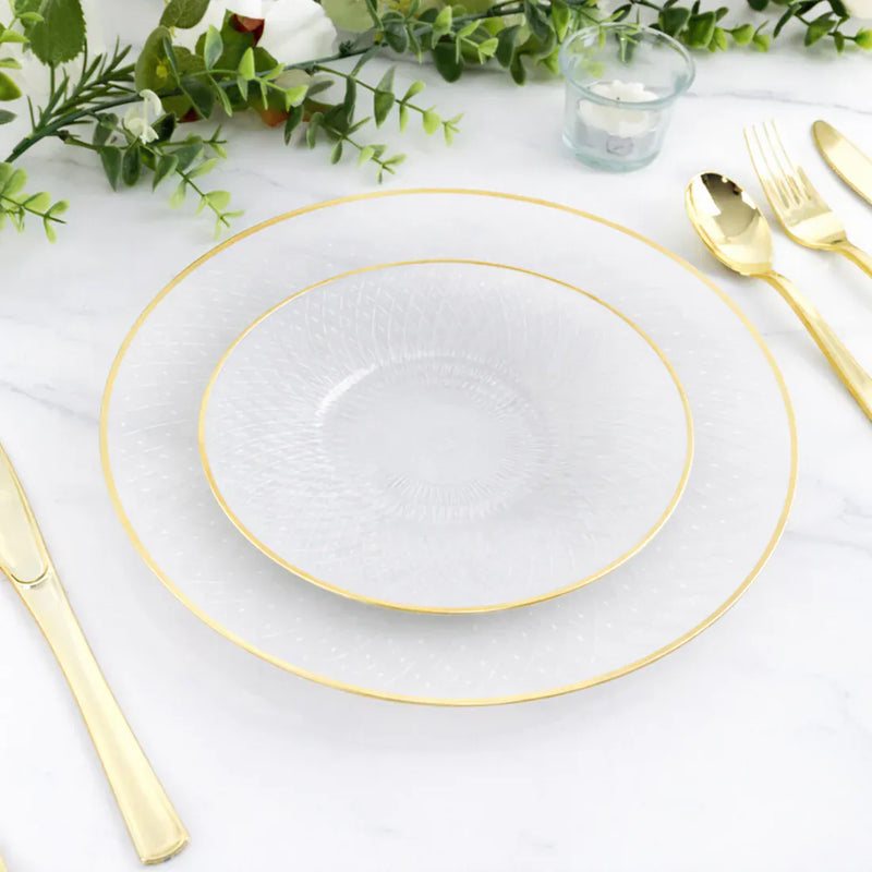 20 Round Plastic Salad Dinner Plates with Diamond Cut Pattern and Gold Rim