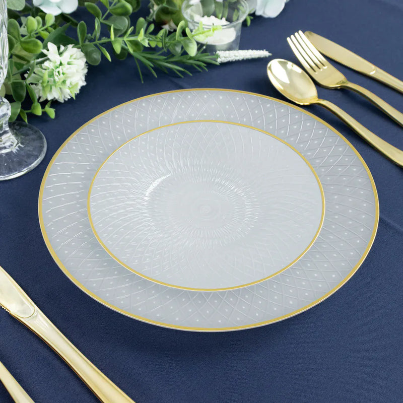 20 Round Plastic Salad Dinner Plates with Diamond Cut Pattern and Gold Rim